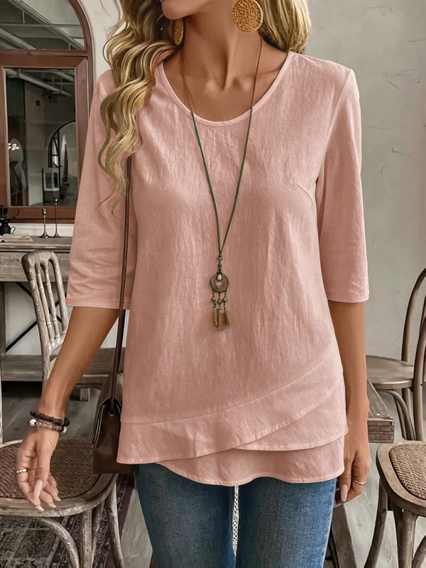 Women'S Casual Round Neck Patchwork Hem Shirt