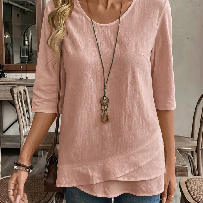 Women'S Casual Round Neck Patchwork Hem Shirt