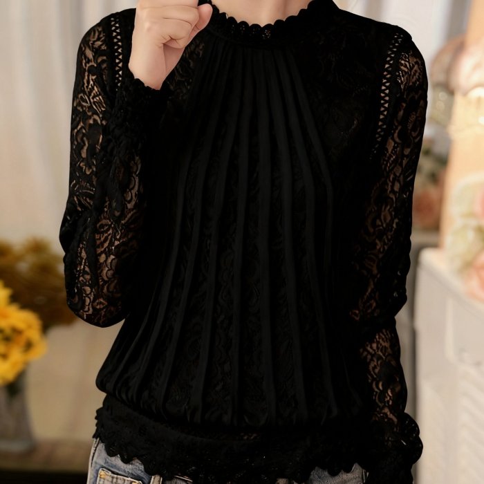 Hollow Lace Base Shirt Women'S Long Sleeve Autumn Winter New Korean Style White Blouse Women'S Versatile Top