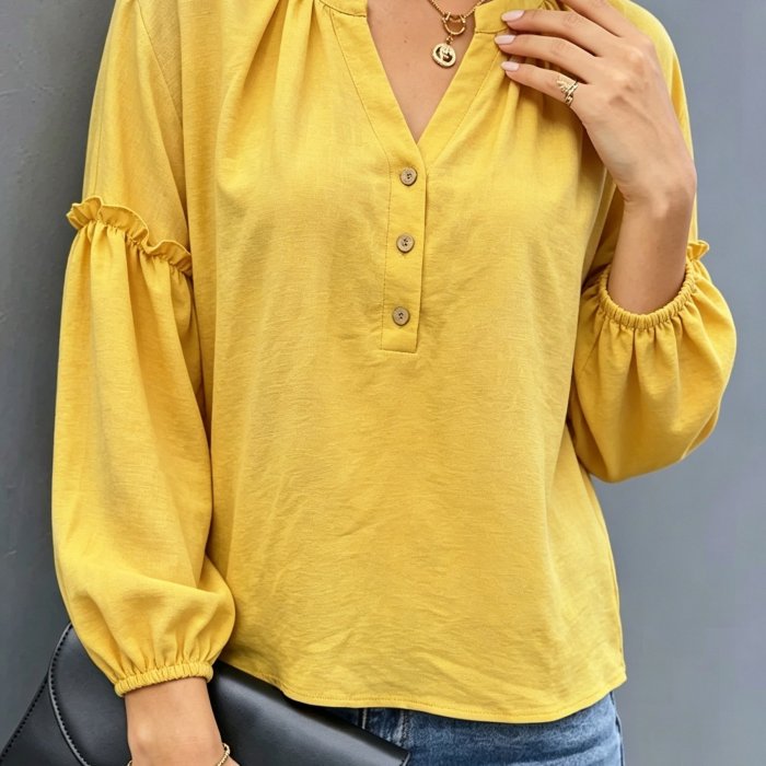 Women's Elegant Chiffon Blouse Shirt - Loose Fit V-Neck Button-Up Top with Lantern Sleeve & Ruffle Trim, Blouse Base Layer Suitable for Spring Summer Fall, Machine Washable Solid Color Button Collar Shirt