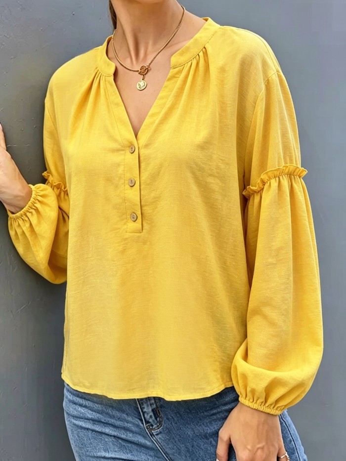 Women's Elegant Chiffon Blouse Shirt - Loose Fit V-Neck Button-Up Top with Lantern Sleeve & Ruffle Trim, Blouse Base Layer Suitable for Spring Summer Fall, Machine Washable Solid Color Button Collar Shirt