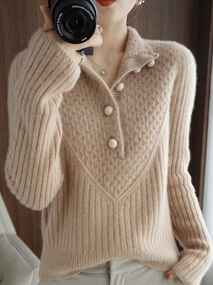 Women's Elegant Casual Pullover Sweater\u002FPolo Collar with Button Detail and Cable Women's Pullover\u002FWomen's Winter Sweater Knitwear Summer Apparel\u002FSummer Clothing for Women\u002FSummer\u002FSummer Items\u002F1pc Casual Elegant Party Wear for Women