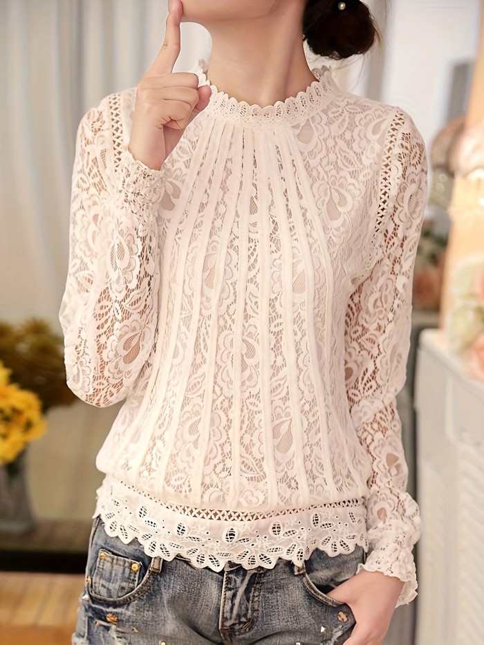 Hollow Lace Base Shirt Women'S Long Sleeve Autumn Winter New Korean Style White Blouse Women'S Versatile Top