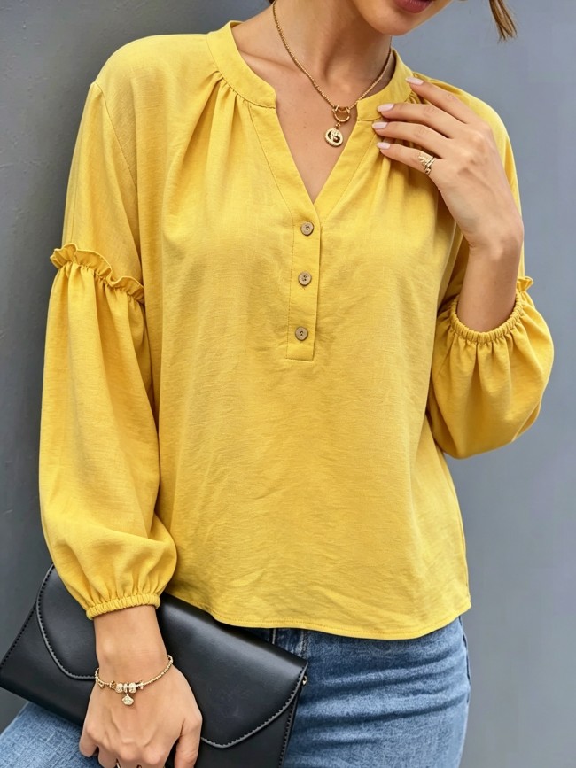 Women's Elegant Chiffon Blouse Shirt - Loose Fit V-Neck Button-Up Top with Lantern Sleeve & Ruffle Trim, Blouse Base Layer Suitable for Spring Summer Fall, Machine Washable Solid Color Button Collar Shirt