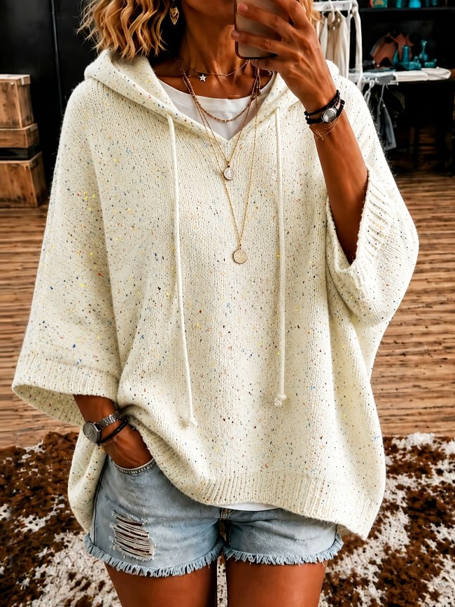 Women's Oversized Printed Hooded Sweater, Autumn and Winter Casual Loose Pullover Sweater2026 Women's Autumn\u002FWinter Colorful Dot Mixed Yarn Hooded Cape Sweater with Drawstring Design, Casual,, Fashionable, Versatile, Suitable for C