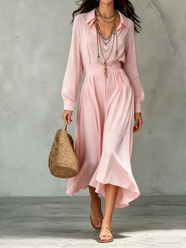 Women's Casual Solid Color Loose Fit Lapel Long-sleeve Dress