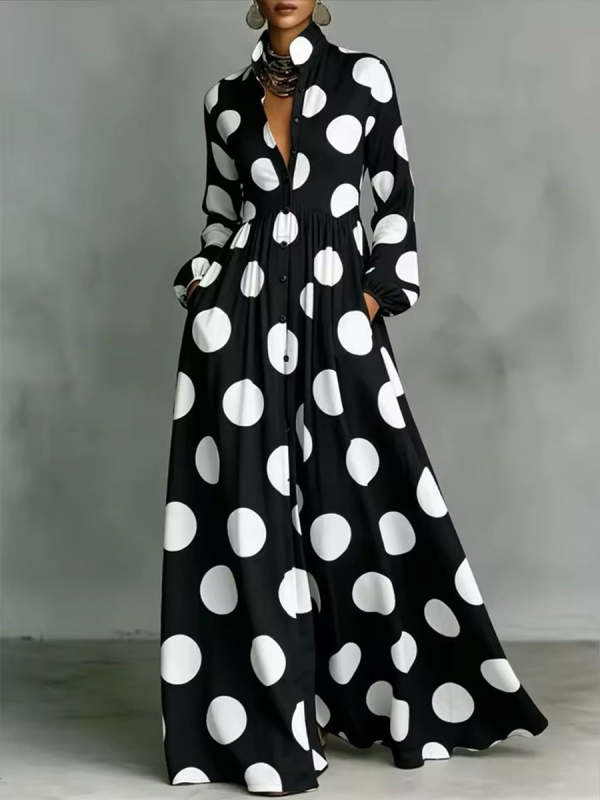 Women's Polka Dot Print Shirt-collar Long-sleeve Casual Loose A-line Dress