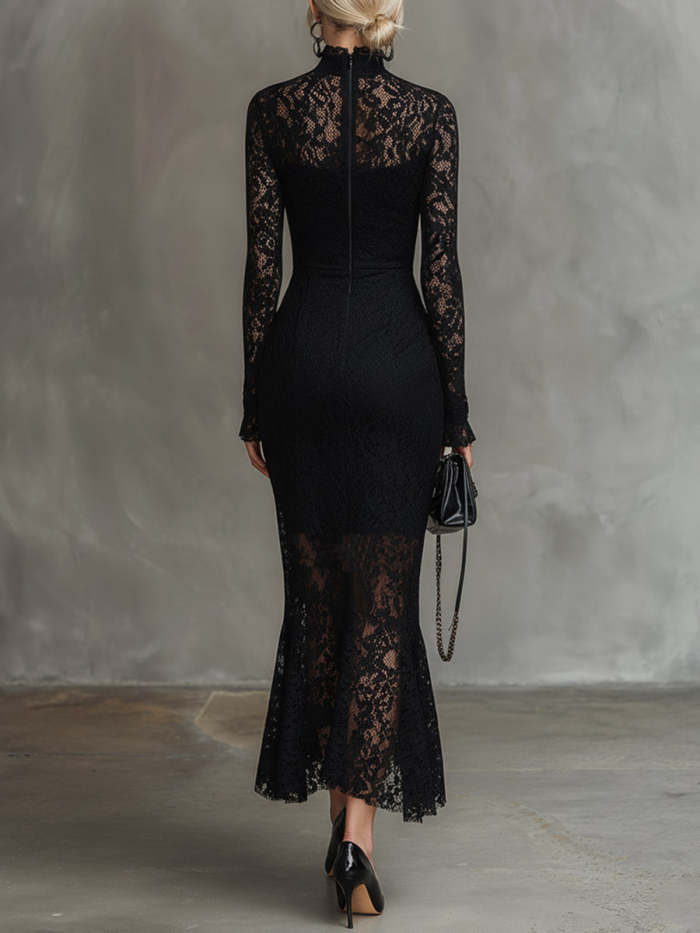 Women's Solid-color Stand-collar Long-sleeve Casual Slim-fit Lace Dress
