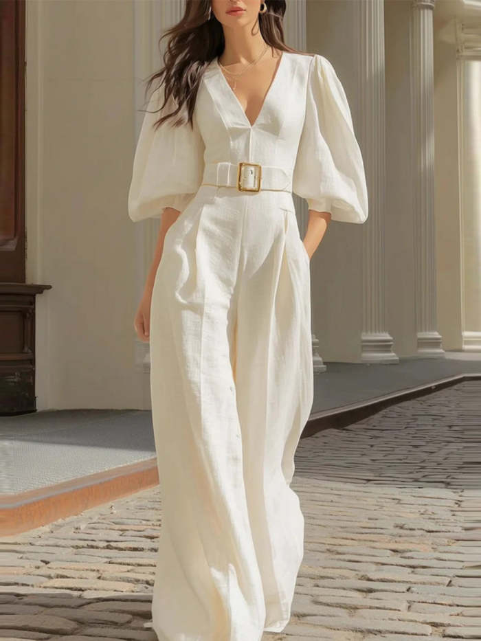 V-neck Loose-fit Belts Wide Leg Jumpsuits