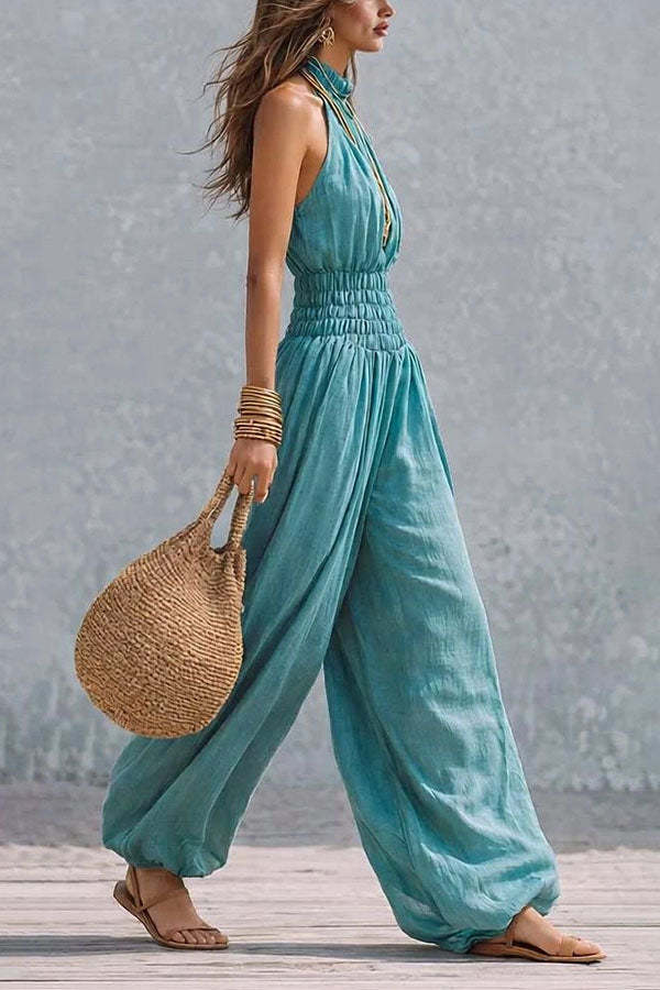 Flowy Smocked Waist Wide-Leg Palazzo Romper