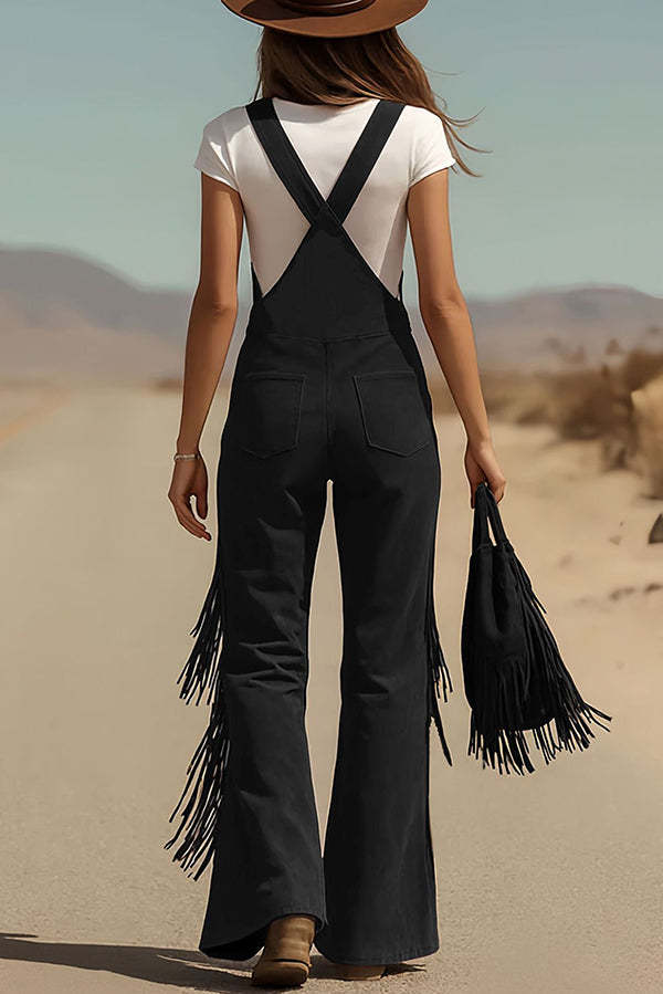 Stylish Suede Tassel Button Pocket Casual Wide-leg Overalls