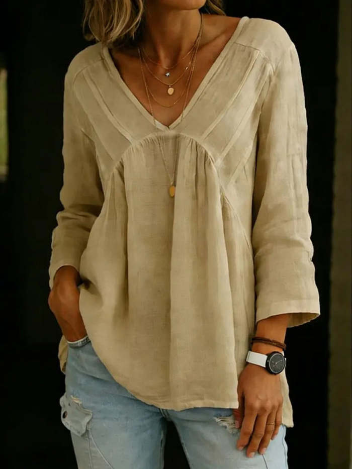 Women's Long-sleeve V-neck Pleated Top