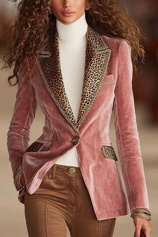 Gold Velvet Leopard Print Patchwork Lapel Long Sleeve Elegant Blazer
