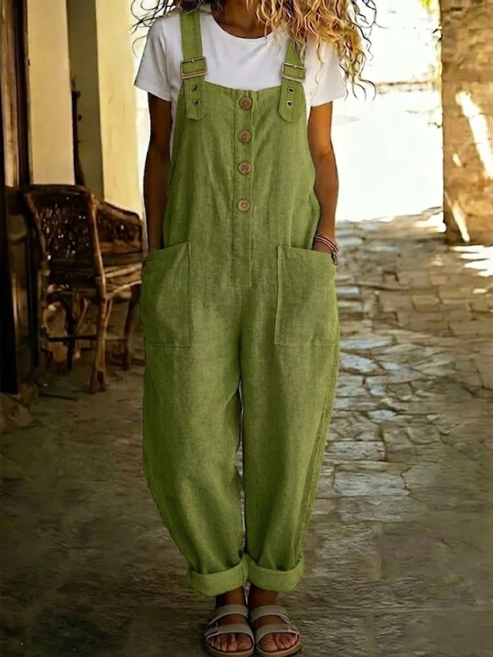 Casual Linen And Cotton Jumpsuit With Adjustable Straps