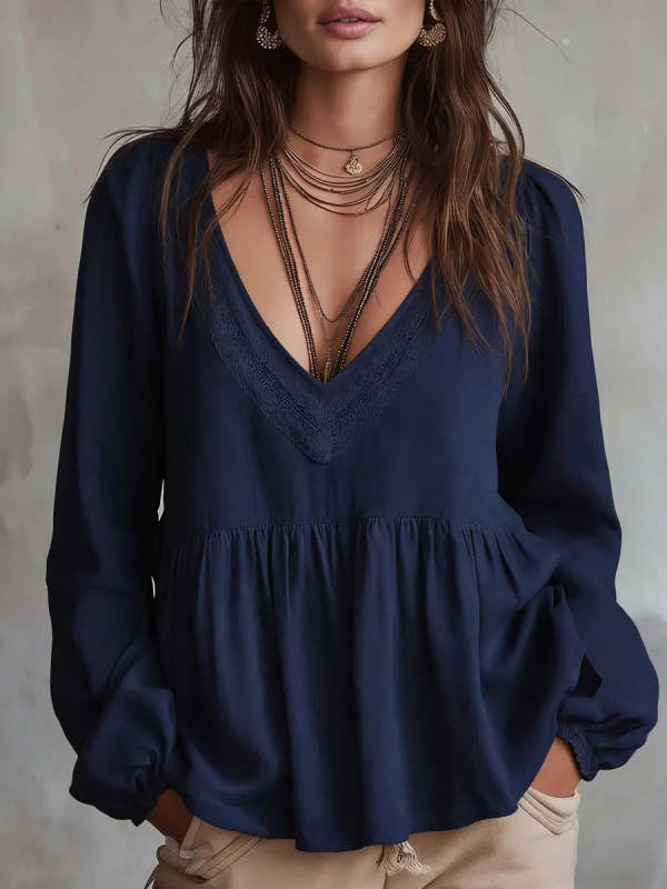 Women's Minimalist Style V-neck Long Sleeve Top