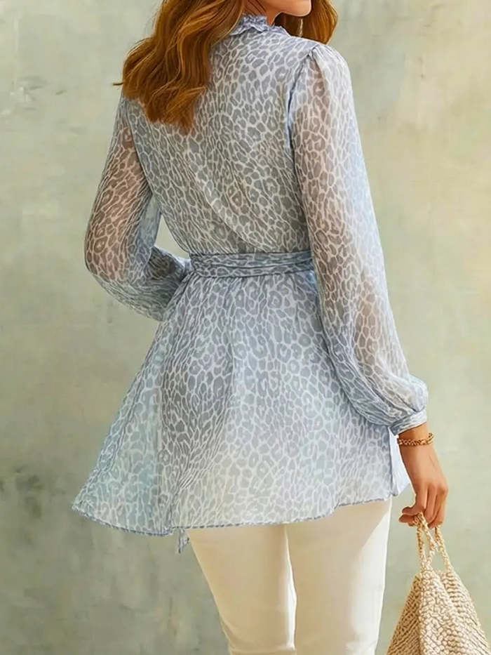 Women's Retro Leopard Art Print Casual Ruffled Stylish Long Sleeve Shirt