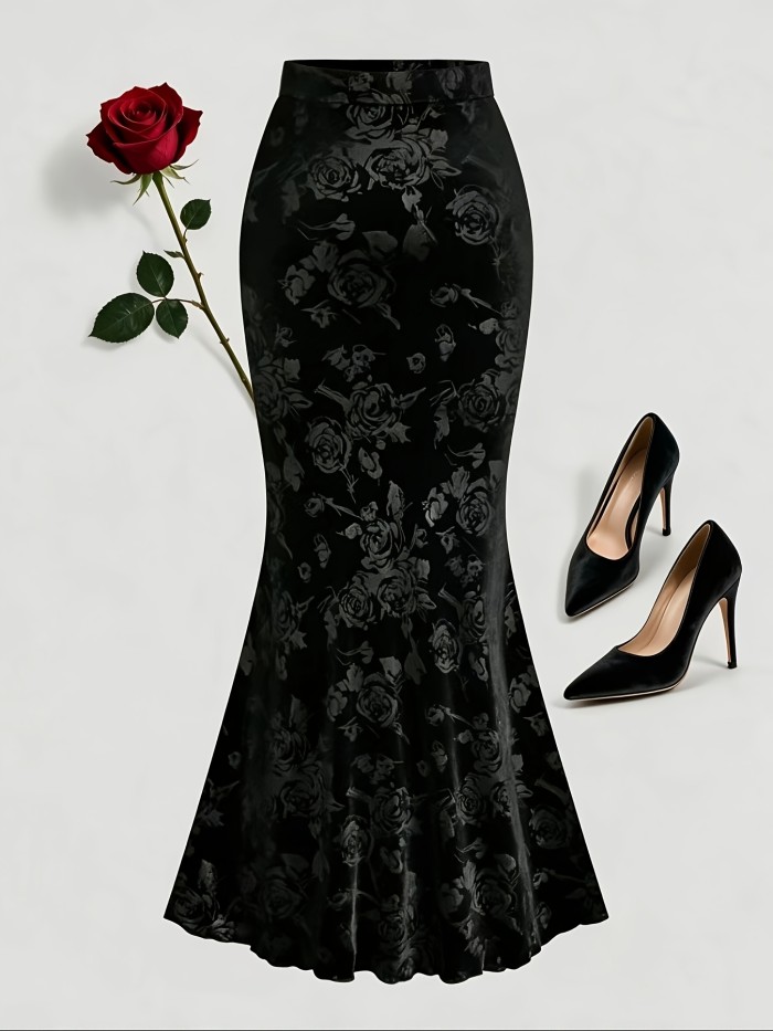 Elegant Velvet 3D Rose Embossed Mermaid Skirt – High Waist Midi Dress