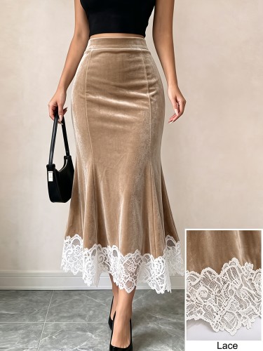 Elegant Velvet Bodycon Mermaid Skirt – High-Waist Lace Patchwork Midi Skirt