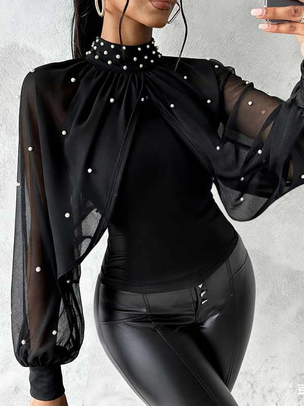 Elegant Pearl-Embellished High-Neck Top – Draped Cape Lantern Sleeve Blouse