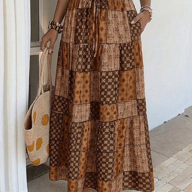 Vintage Floral Printed Drawstring Maxi Skirt – Ruffle Trim A-Line Skirt