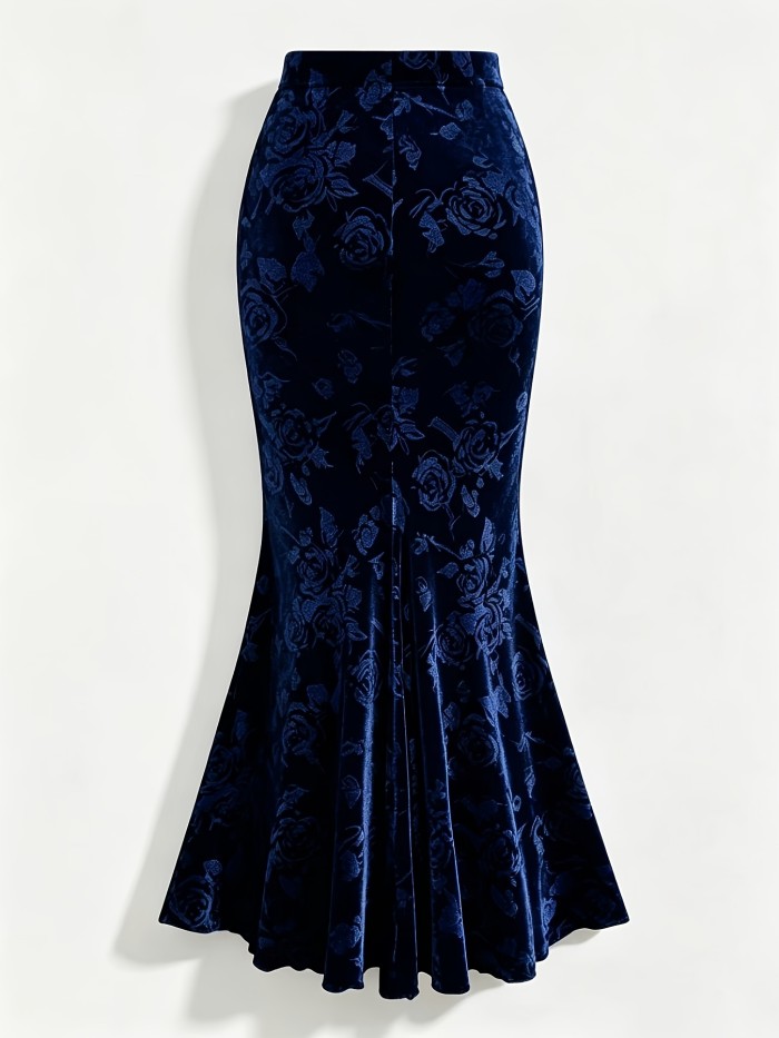 Elegant Velvet 3D Rose Embossed Mermaid Skirt – High Waist Midi Dress