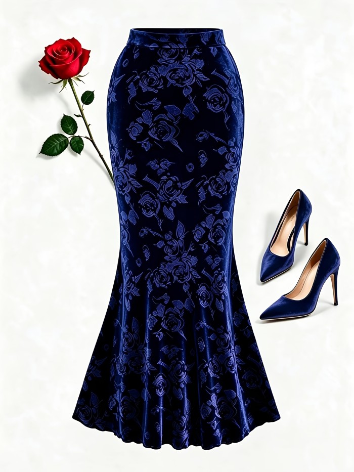 Elegant Velvet 3D Rose Embossed Mermaid Skirt – High Waist Midi Dress