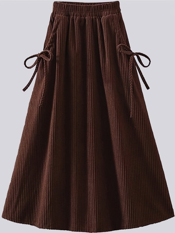 Casual Bow-Tie Corduroy A-Line Skirt – High-Waisted Pocketed Midi Skirt