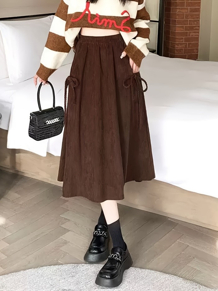 Casual Bow-Tie Corduroy A-Line Skirt – High-Waisted Pocketed Midi Skirt