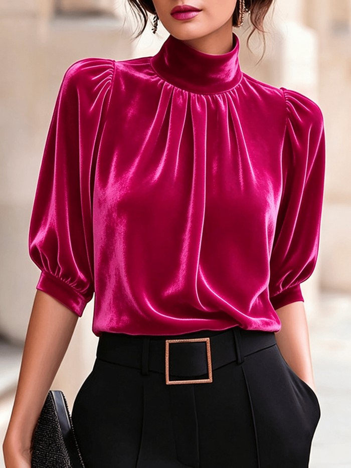 Elegant Pleated Golden Velvet High-Neck Top – Puff Sleeve Commuter Blouse