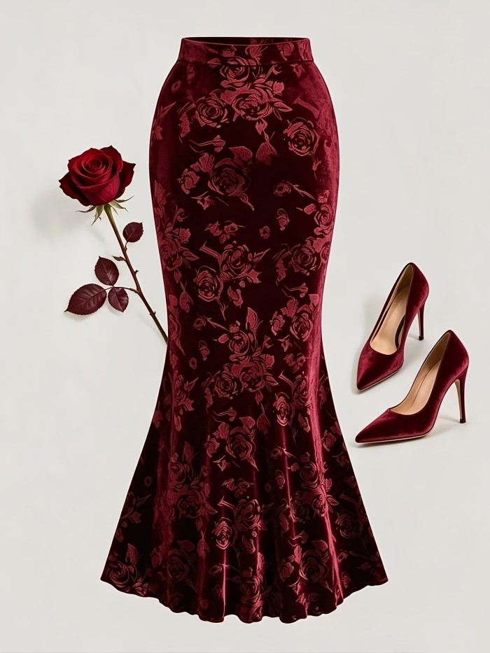 Elegant Velvet 3D Rose Embossed Mermaid Skirt – High Waist Midi Dress