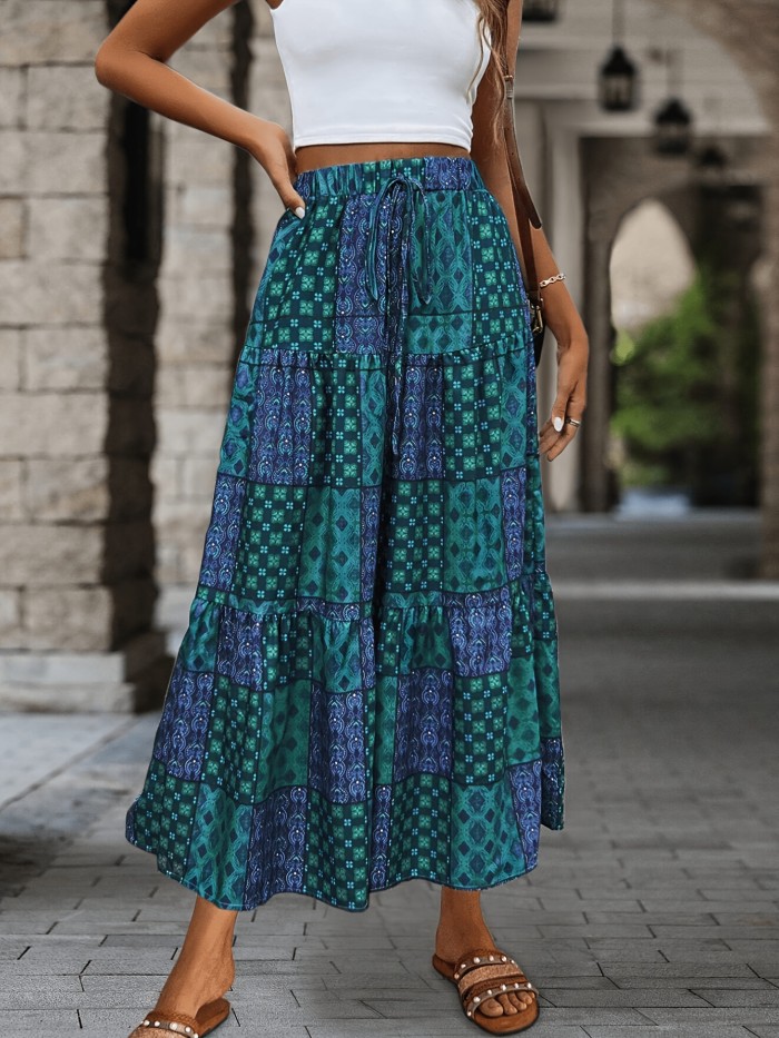 Vintage Floral Printed Drawstring Maxi Skirt – Ruffle Trim A-Line Skirt