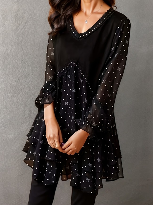 Versatile Polka Dot Chiffon Patchwork Long Sleeve Top – Mid-Length Tunic