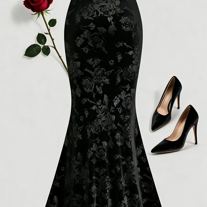 Elegant Velvet 3D Rose Embossed Mermaid Skirt – High Waist Midi Dress