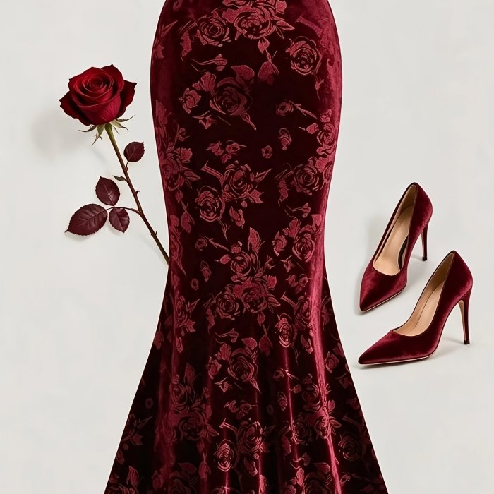 Elegant Velvet 3D Rose Embossed Mermaid Skirt – High Waist Midi Dress