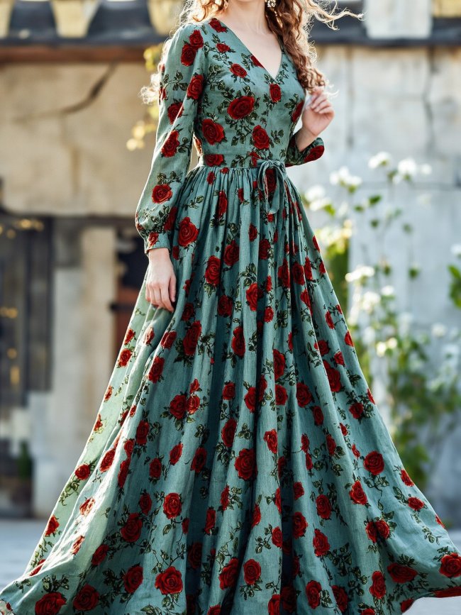 Maxi Linen Dress Long Sleeves V-Neck Floral Belt Design Vintage Green