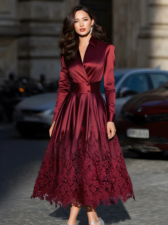 Burgundy Satin Belted Midi Dress With Lace Hem
