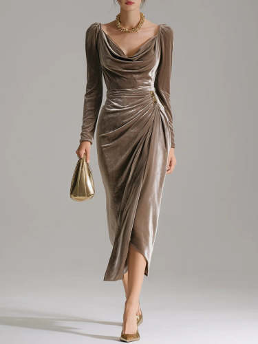 Elegant Pile Collar Velvet Midi Dress