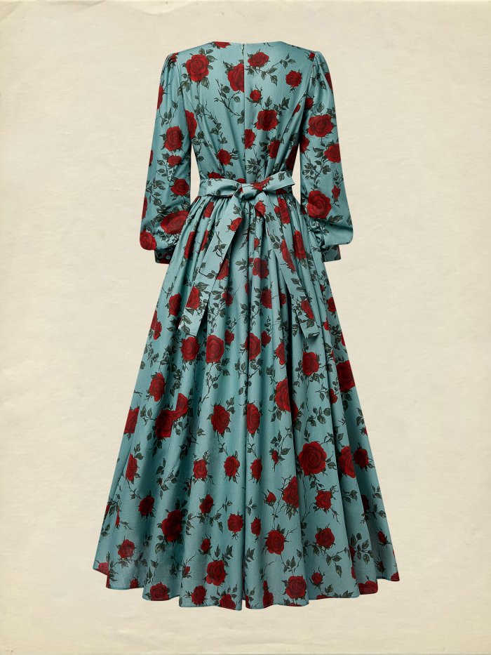 Maxi Linen Dress Long Sleeves V-Neck Floral Belt Design Vintage Green