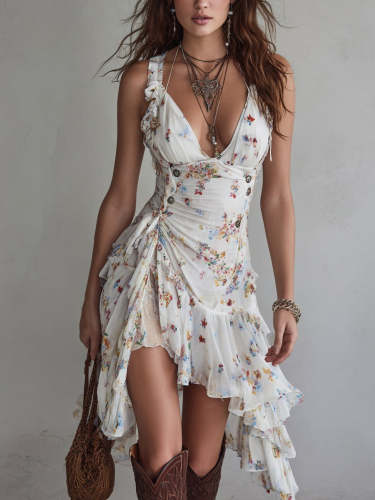 Retro Floral V-Neck Spaghetti Strap Mini Dress