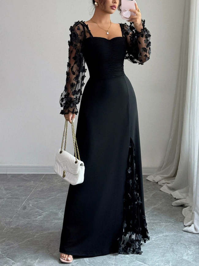 Women's Elegant Floral Lace Patchwork Art Casual Long Dress