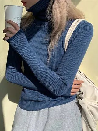 Women Turtleneck Solid Color Slimming Warm Basic Pullover