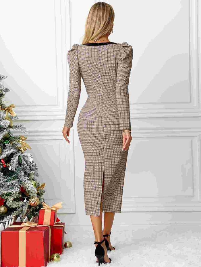 Vintage Plaid Square Neck Long Sleeve Bow Detail Bodycon Midi Dress