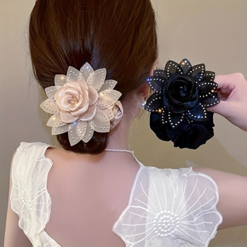 1pc Women'S Elegant Simulated Hot Drilling Camellia Large Intestine Hair Circle, Temperament Rhinestone Mesh Rose Hair Circle, Fashionable High Elastic Tie Hair Rope Rubber Band Does Not Hurt Hair Head Rope Ball Head Durable Tie Hair Rope
