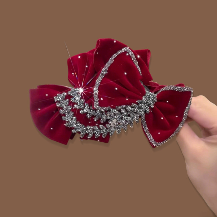 Rhinestone Bow Clip 1pc Autumn\u002FWinter New Shiny Rhinestone Bow Velvet Golden Hair Claw Clip, Large Red Velvet Bow Christmas Headpiece, Elegant Wheat Spike Design, Large Hair Clip for Thick Hair, Big Hair Styling Clip, Suitable for Daily Wear and Christmas Parties