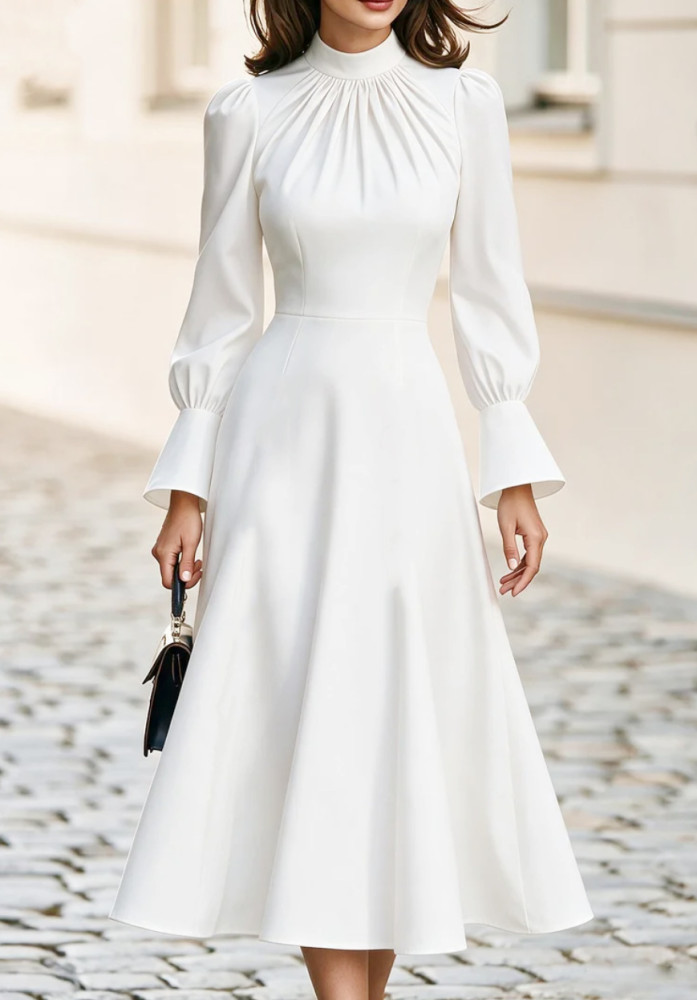 Mock Neck Gathered Pleated High Waist Flare Midi Dress
