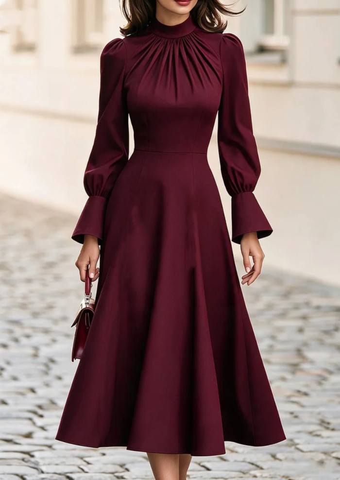 Mock Neck Gathered Pleated High Waist Flare Midi Dress