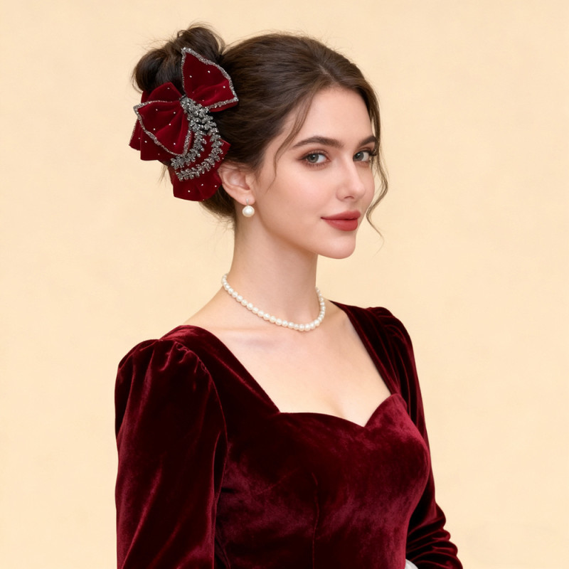 Rhinestone Bow Clip 1pc Autumn\u002FWinter New Shiny Rhinestone Bow Velvet Golden Hair Claw Clip, Large Red Velvet Bow Christmas Headpiece, Elegant Wheat Spike Design, Large Hair Clip for Thick Hair, Big Hair Styling Clip, Suitable for Daily Wear and Christmas Parties