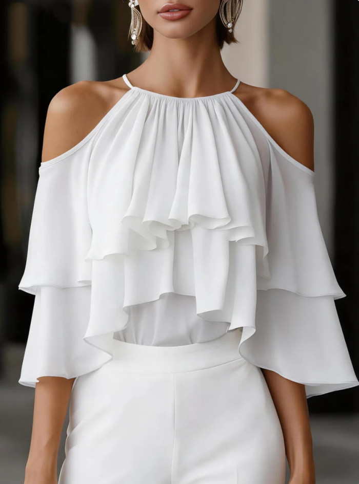 Halter Cold Shoulder Chiffon Multi-Tiered Ruffle Blouse