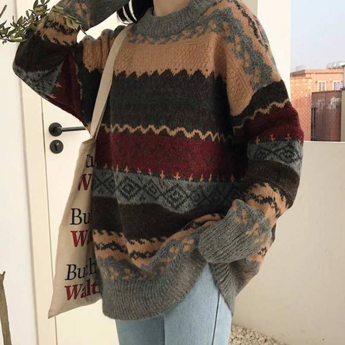 Vintage Winter Striped Loose Pullover Knitted Sweater