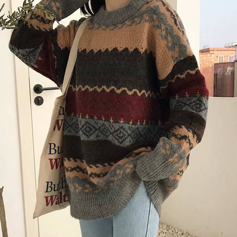 Vintage Winter Striped Loose Pullover Knitted Sweater